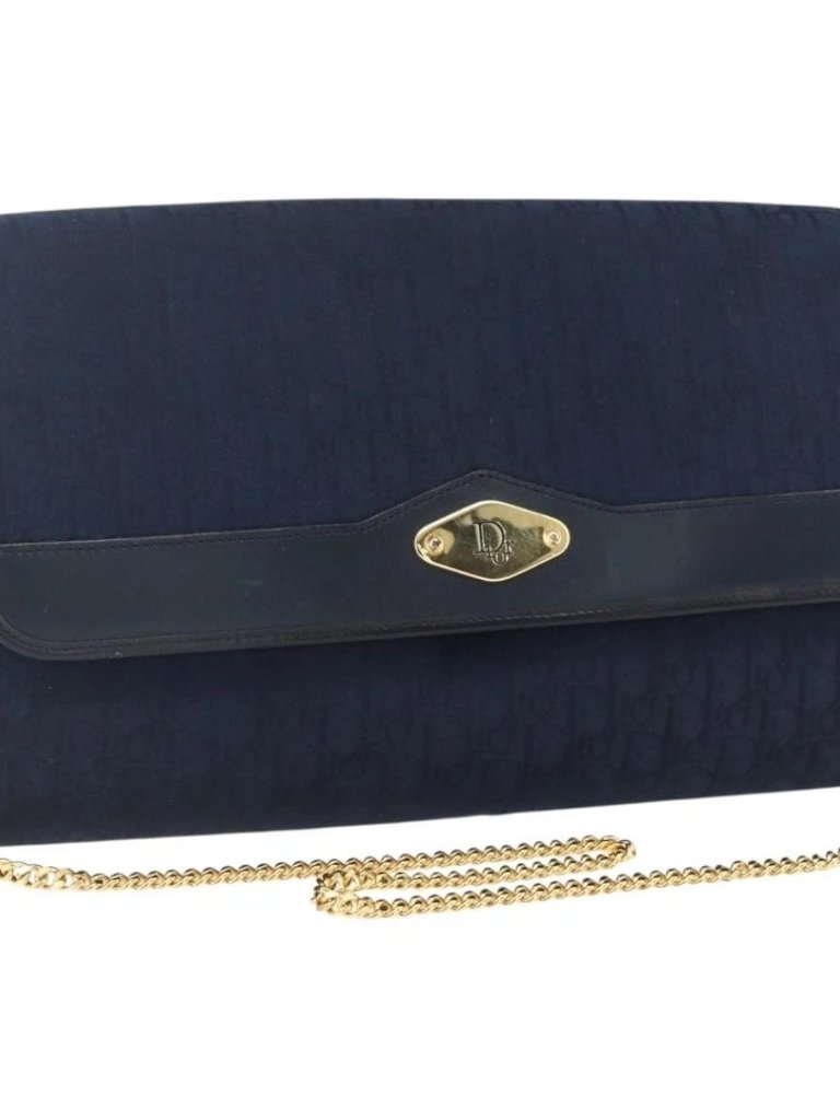 Christian Dior Trotter Canvas Chain Shoulder Bag Navy Gold Auth Fm5213